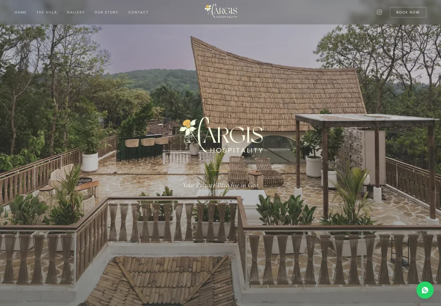 Nargis Hospitality website with villa photography and property navigation