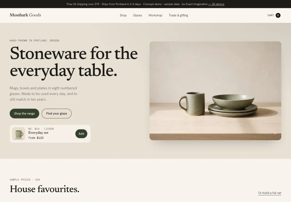 Mossbark Goods home page: “Stoneware for the everyday table” beside a mug and bowl
