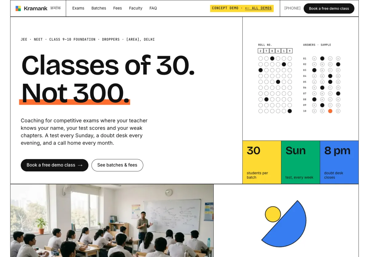 Kramank Classes home page: “Classes of 30. Not 300.” beside an answer-sheet graphic and batch facts