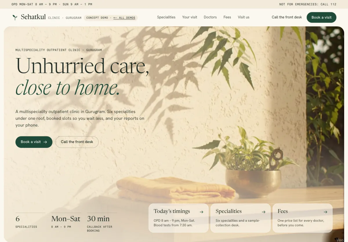 Sehatkul Clinic home page: “Unhurried care, close to home” over a sunlit wall with a plant