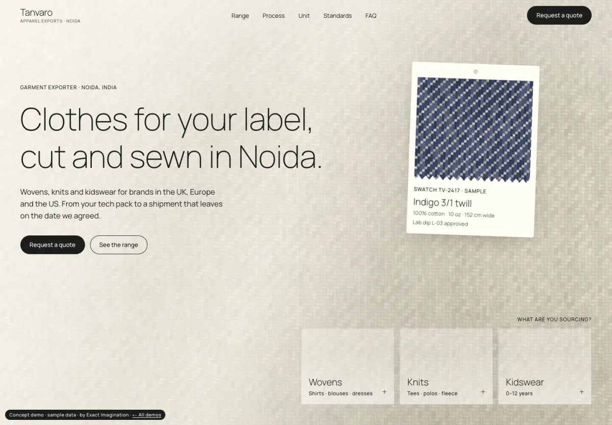 Tanvaro Apparel Exports home page: “Clothes for your label, cut and sewn in Noida” beside a fabric swatch card