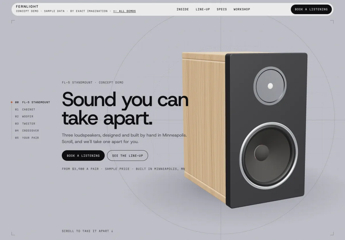 Fernlight Audio home page: “Sound you can take apart” beside a 3D wooden loudspeaker