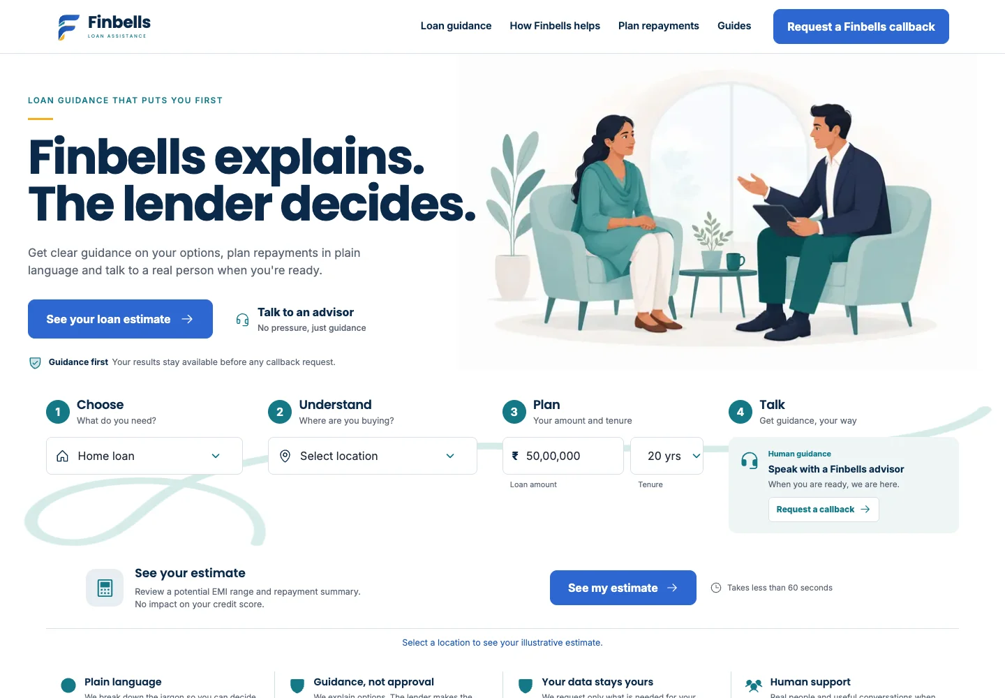 Finbells website presenting its loan planning experience